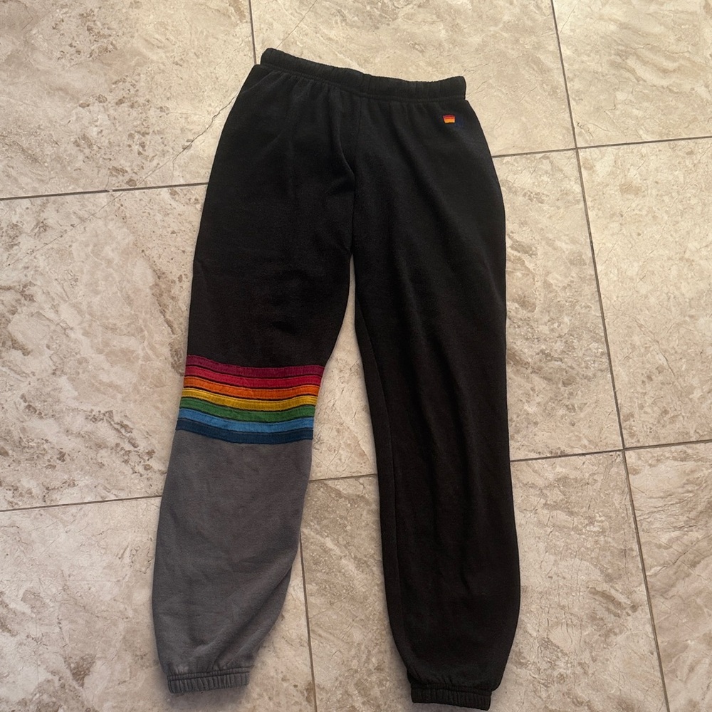 Aviator Nation Black Sweatpants with Rainbow Stripe and Gray Leg Panel